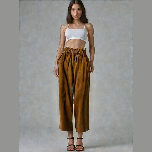 Everlane Brown Organic Cotton Elastic Waist Pull On WideLeg Pants 0 NWT - Picture 1 of 11